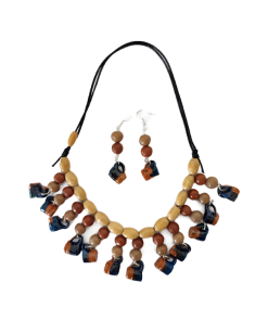 Collar ajustable y Aretes de Barro Vidriado con Jarrito Azul
